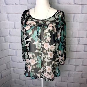 Sheer Floral 3/4 Length Sleeve Blouse